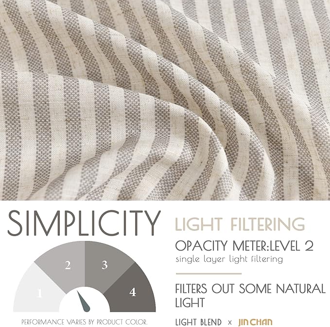 jinchan Tie Top Linen Kitchen Curtains 24 Inch Length Striped Tier Curtains Ticking Stripe Small Drapes for Living Room Bathroom Cafe Small Window Farmhouse Rustic Rod Pocket 2 Panels Taupe Grey