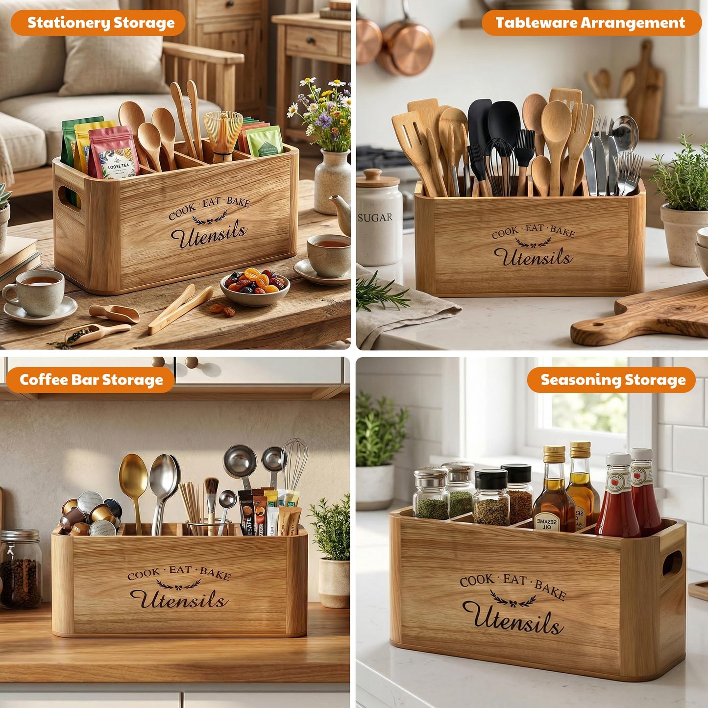 Eclove Acacia Wood Utensil Holder for Kitchen Countertop, Extra Large Wooden Utensil Organizer with Magnetic Knife Strip, 4 Compartment Farmhouse Kitchen Tool Caddy and Silverware Storage
