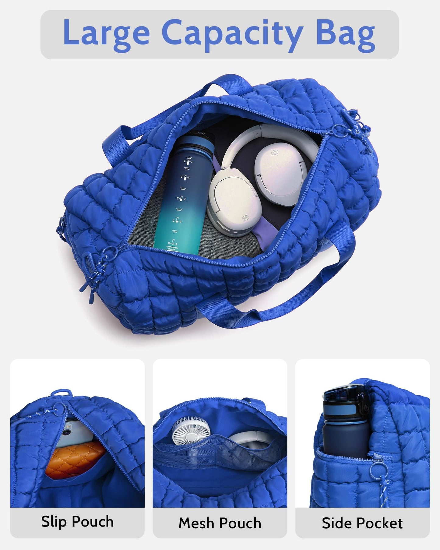 Quilted Duffel Travel Bag for Women, Puffer Gym Duffle Bag with Shoe Compartment Lightweight Large Crossbody Sport Bag Tote Blue