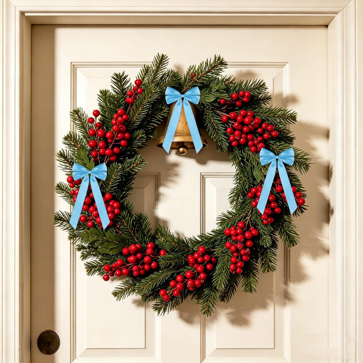 50Pcs Blue Satin Bows for Christmas Tree, 4 x 8 inch Xmas Ornaments with Pre-Made Twist Ties & Self-Adhesive, for Tree Cabinet Front Door Wreath Holiday Home Decor