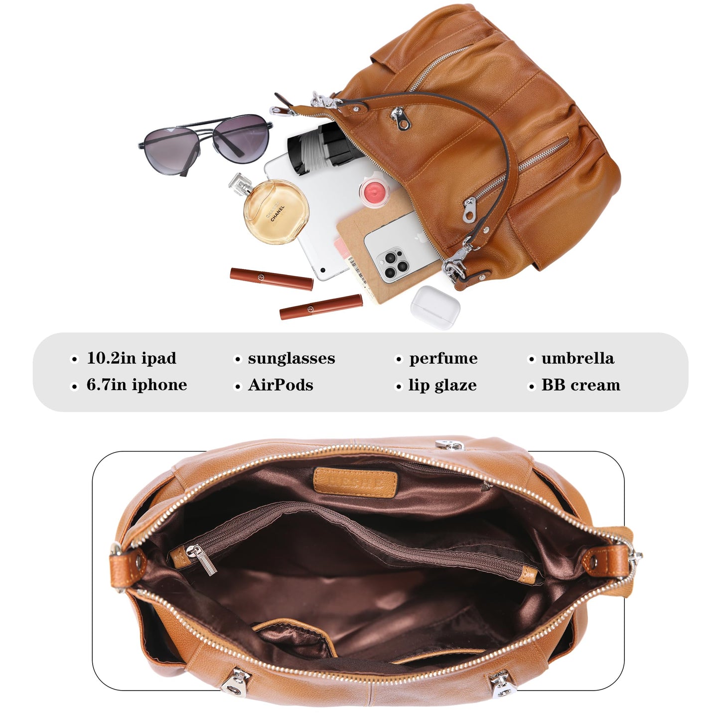 HESHE Genuine Leather Purses for Women Shoulder Hobo Bag Crossbody Satchel Handbags Designer Ladies Totes Purse (Sorrel)