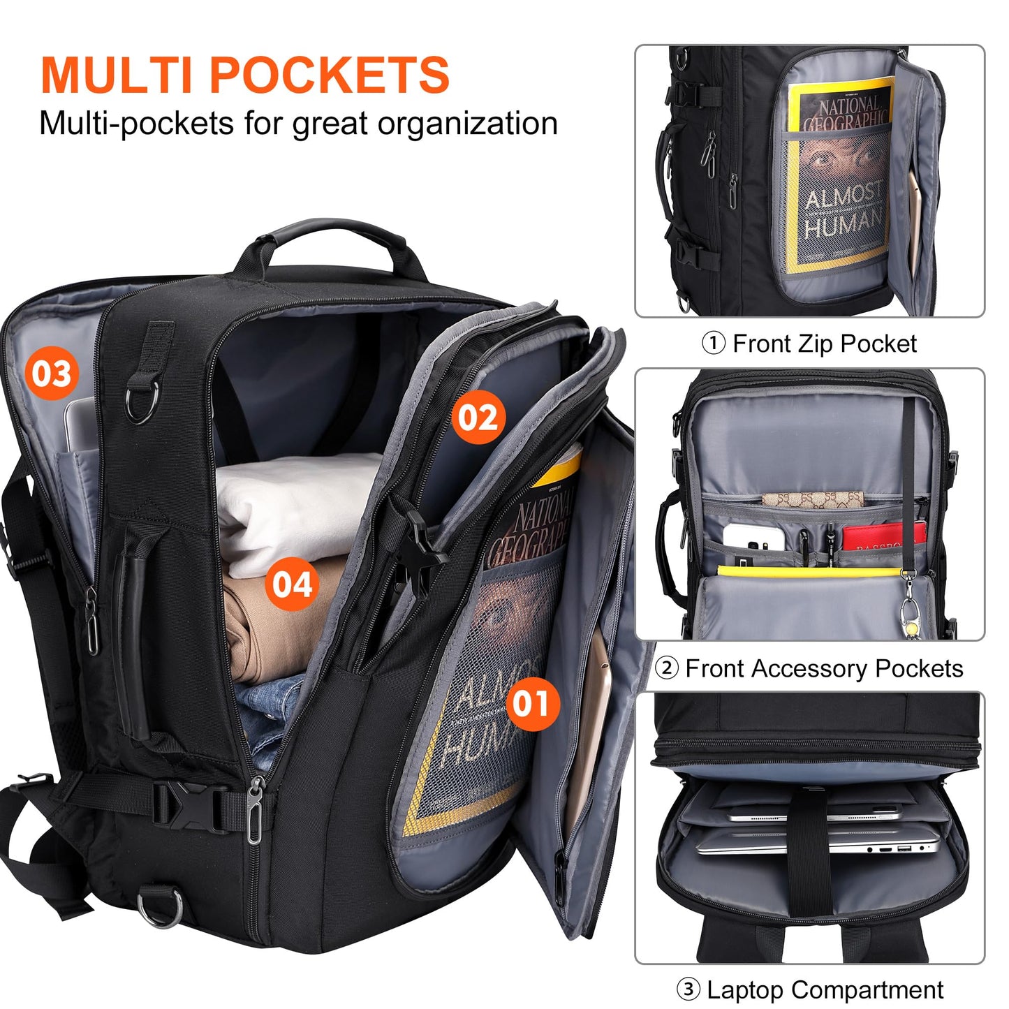 PIJUSHI Travel Backpack for Women Convertible Carry-On with Shoe Compartment Fits 16" Laptop TSA-Friendly for Work, Trips(PE038 Black)