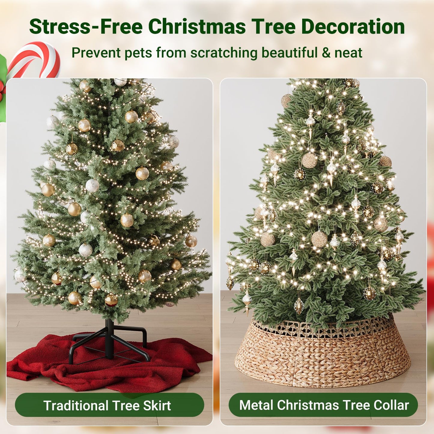 ELYKEN 33 Inch Woven Rattan Christmas Tree Collar, Stylish Seagrass & Water Hyacinth Xmas Tree Skirt for Artificial Trees, Wicker Tree Base Cover with Cord Cut-Out Farmhouse Tree Ring for Home Decor
