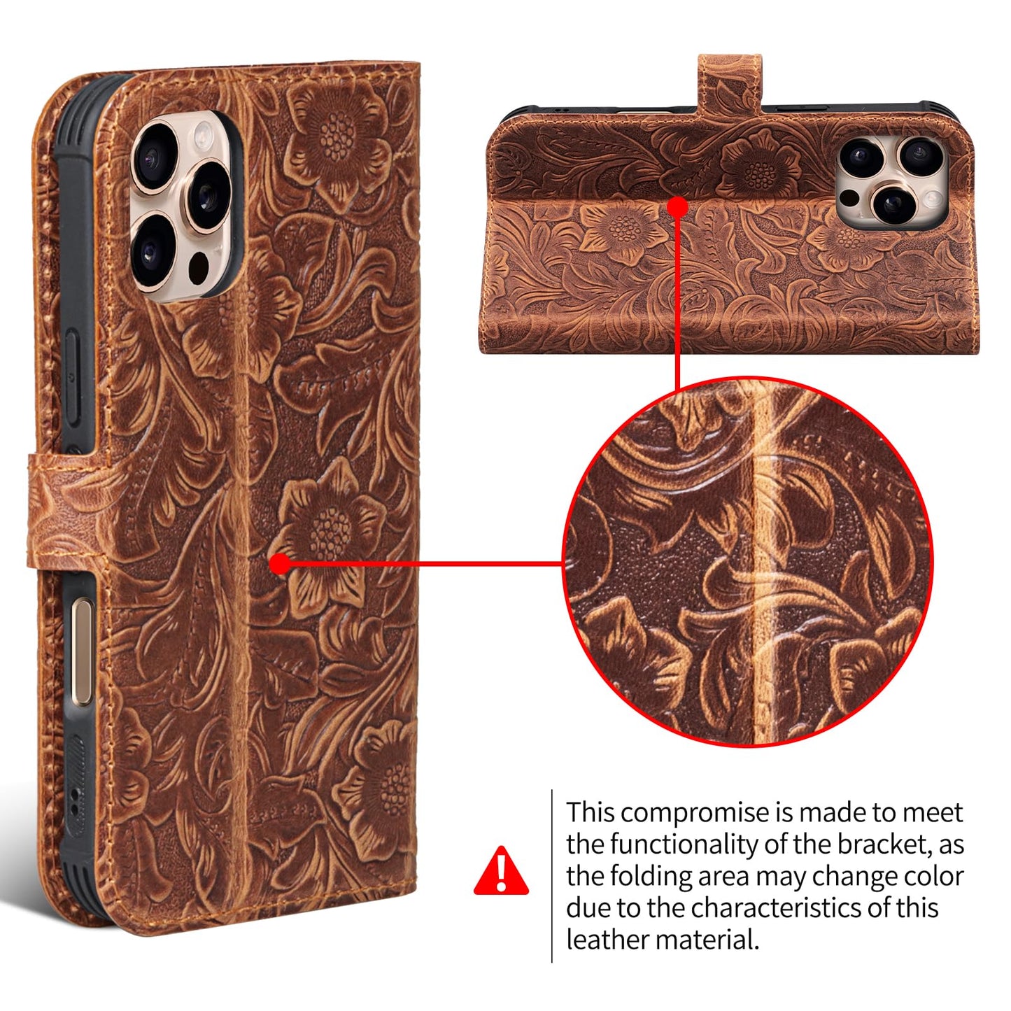 RMAWRAD Leather Case Compatible with iPhone 16 Pro Max Wallet 6.9",Genuine Leather 2in1 Magnetic Detachable Shockproof Kickstand,Flip Folio Cover with Card Slot,Wireless Charging RFID Blocking Brown