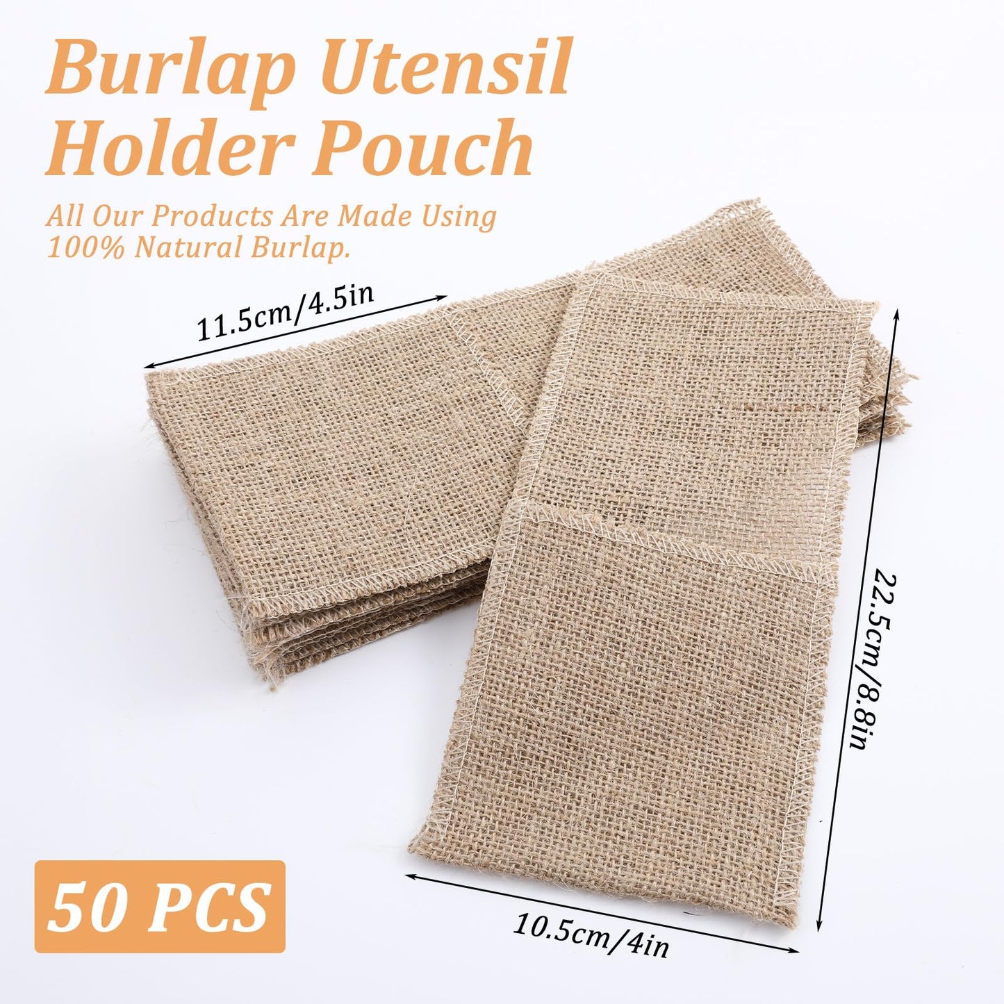 AojSup 50 Pcs Burlap Utensil Holder Pouch Set - 4 x 8.8 Inch Natural Jute Cutlery Pouch for Wedding Party Decor, Reusable Silverware Bags with Deep Pockets for Knives Forks Spoons