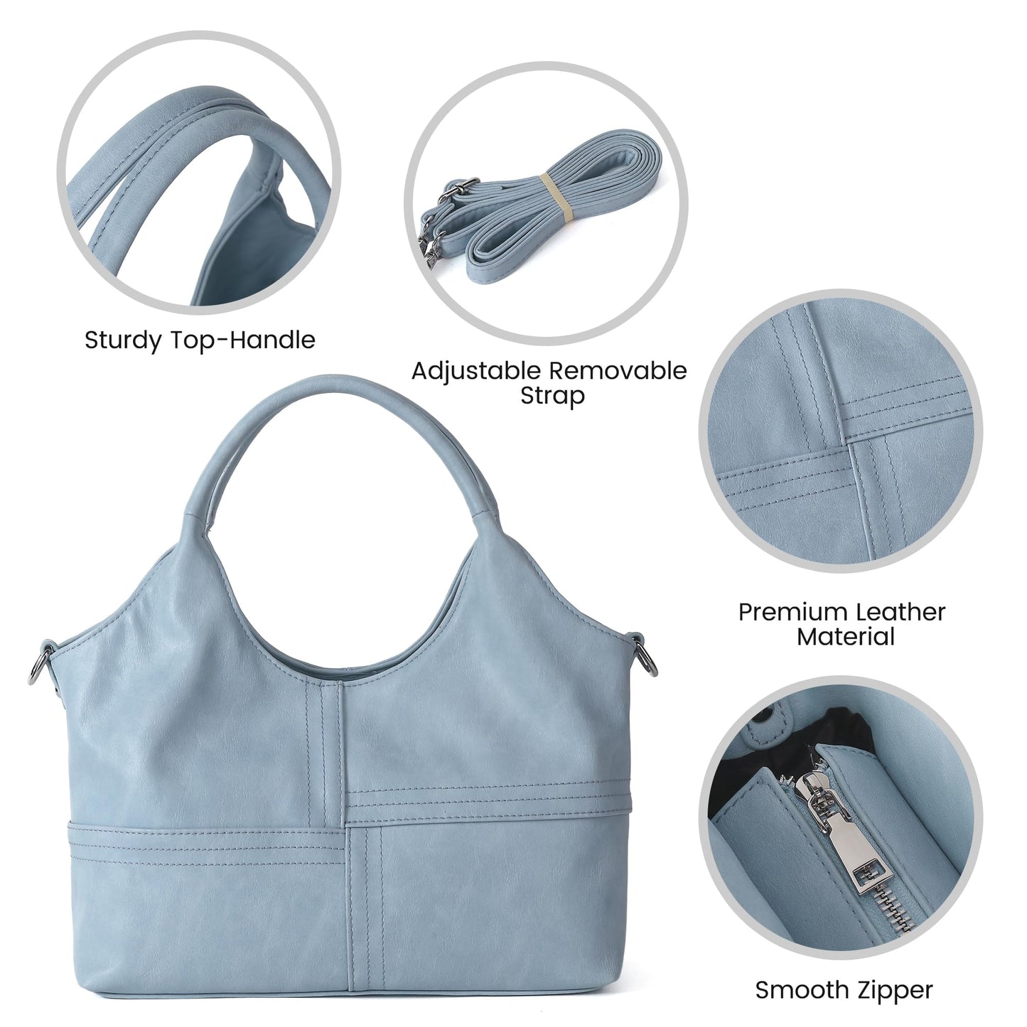 KOGTLA Vegan Leather Purses for Women with Detachable Satchel Strap, Ladies Handbags, Tote Hobo Bags with Top Handle Light Blue