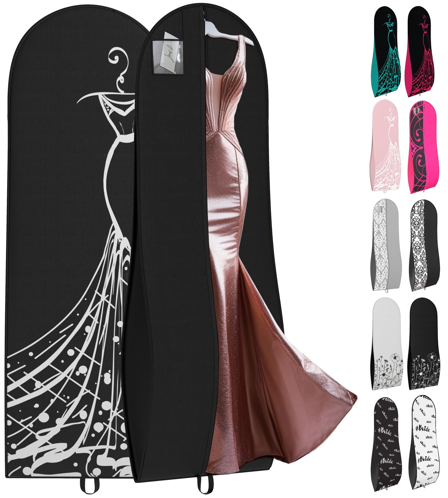 Your Bags Women’s Dress and Gown Garment Bag -72”x24” and 10” Tapered Gusset Prom Bags (Black/White Dress Print)