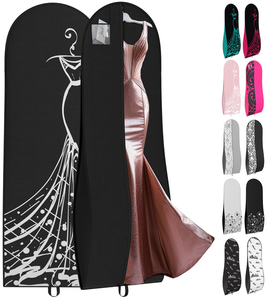 Your Bags Women’s Dress and Gown Garment Bag -72”x24” and 10” Tapered Gusset Prom Bags (Black/White Dress Print)