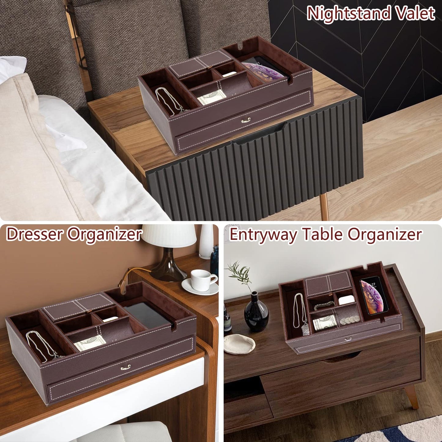 Baoyun Valet Tray for Men, 2 Layers Nightstand Organizers for Men and Women, Leather Jewelry Storage Box, Mens Dresser Top Organizer, Catch All for Jewelry Key Wallet and Phone (Brown)
