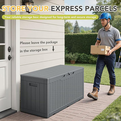 Greesum 100 Gallon Resin Deck Box Lockable Large Outdoor Storage Boxes for Garden Tools, Patio Furniture Cushions, Pool Supplies, Gray