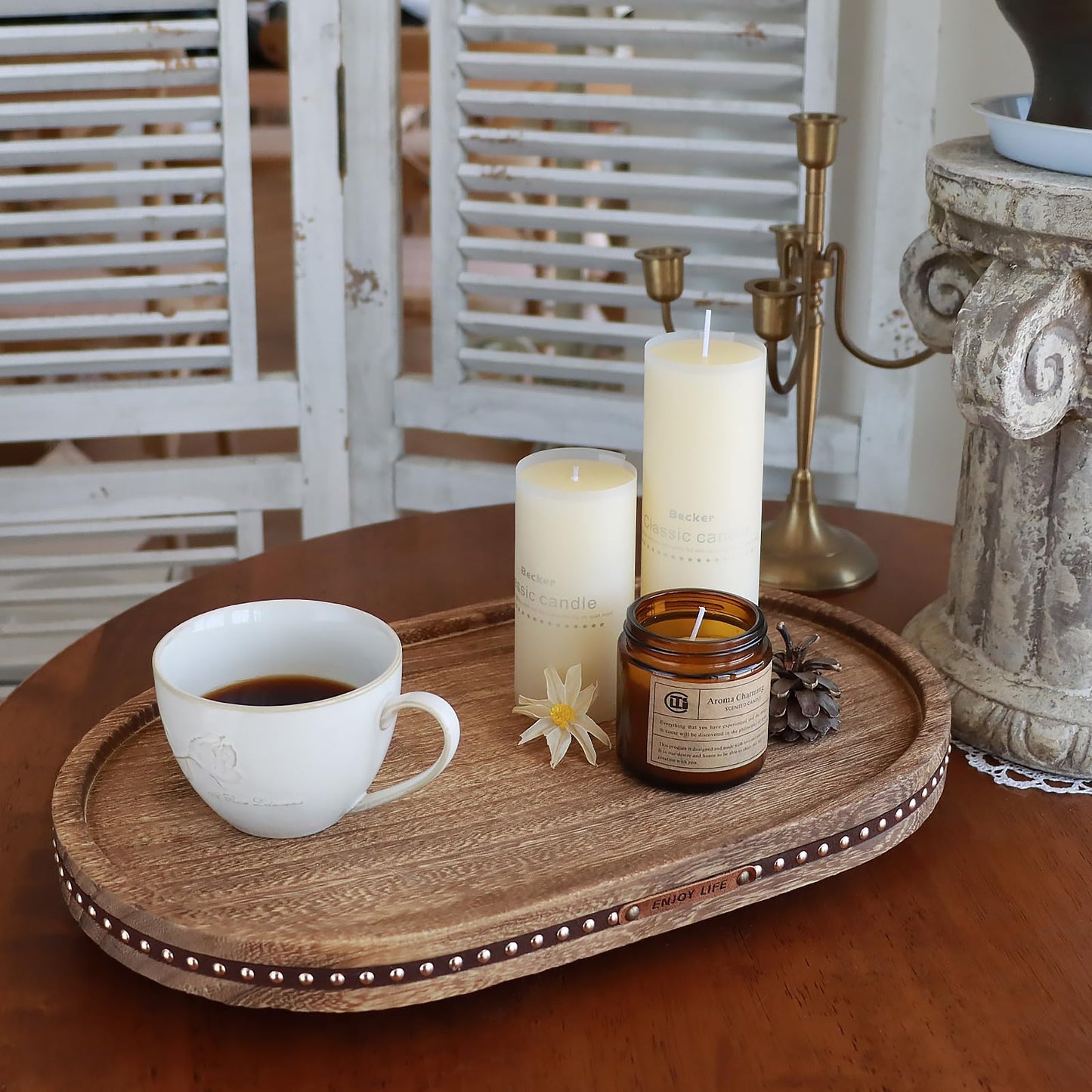 Decor Decorative Round Tray 11.81in for Home Decor for Coffee Table Farmhouse Kitchen Table Living Room Bathroom Centerpiece Tray Decor Oval Rustic