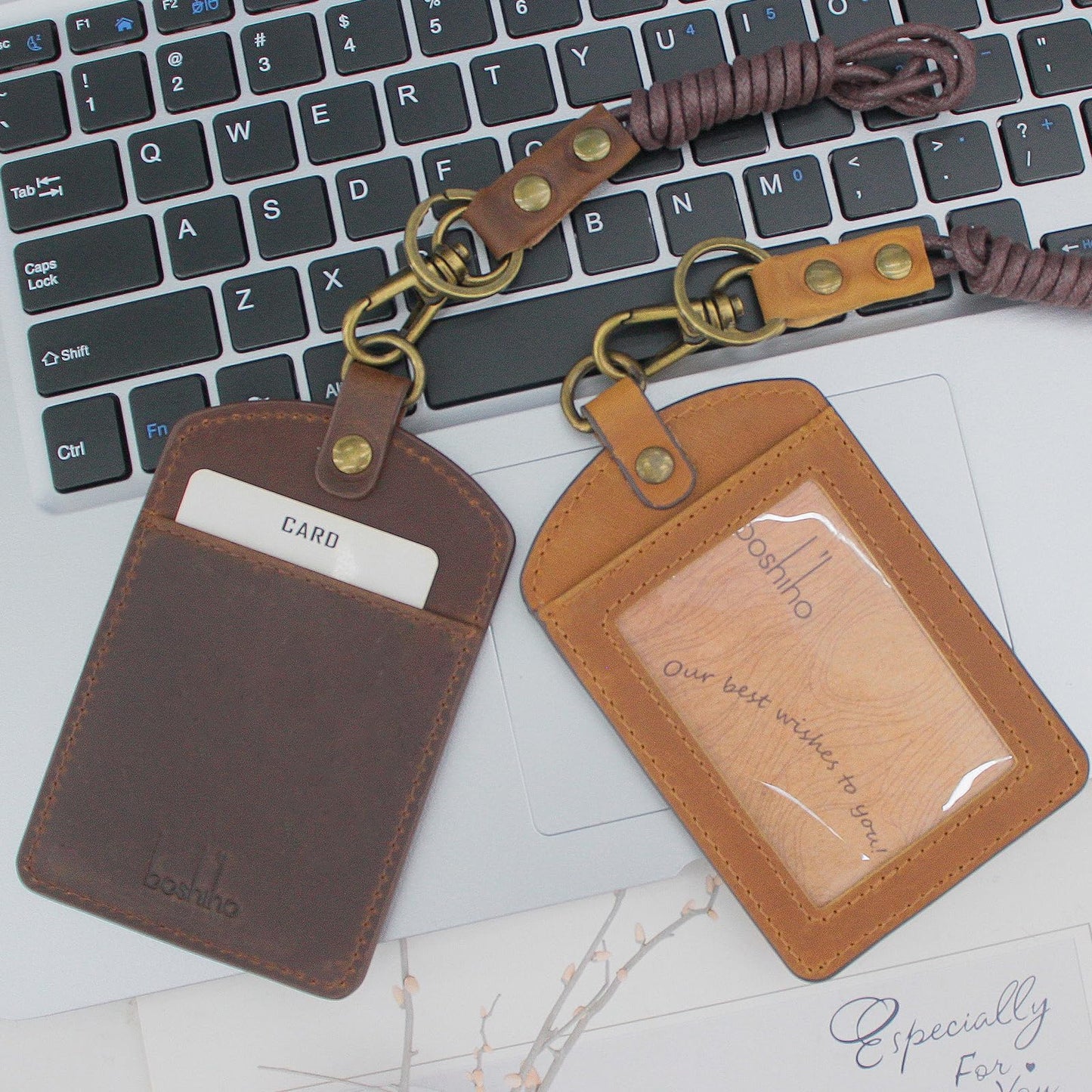 Badge Holder: Boshiho Cowhide Leather ID Badge Card Holder with 19" Neck Lanyard, Vertical Style (Dark Brown)