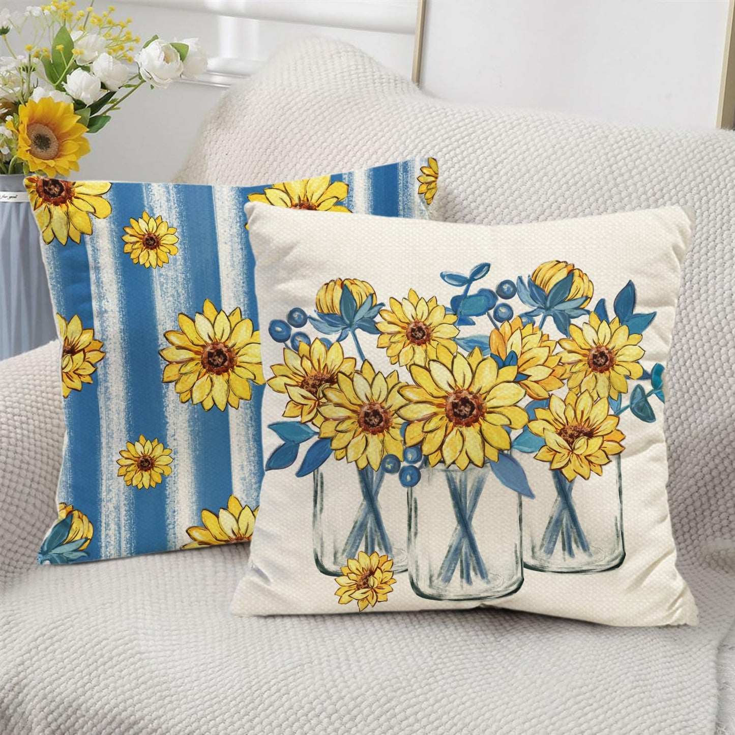 Tikeciti Sunflower Hello Sunshine Pillow Covers Italy Blue 18 x 18 Inch Throw Pillows, Amalfi Mason Jar Floral Decorative Farmhouse Cushion Case for Sofa Couch Set of 4