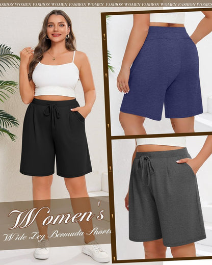 Huukeay 3 Pack Women's Plus Size Bermuda Shorts Casual Knit Drawstring Knee Length Walking Shorts with Pockets(Black,Heather Gray,Dark Blue,3X-Large)