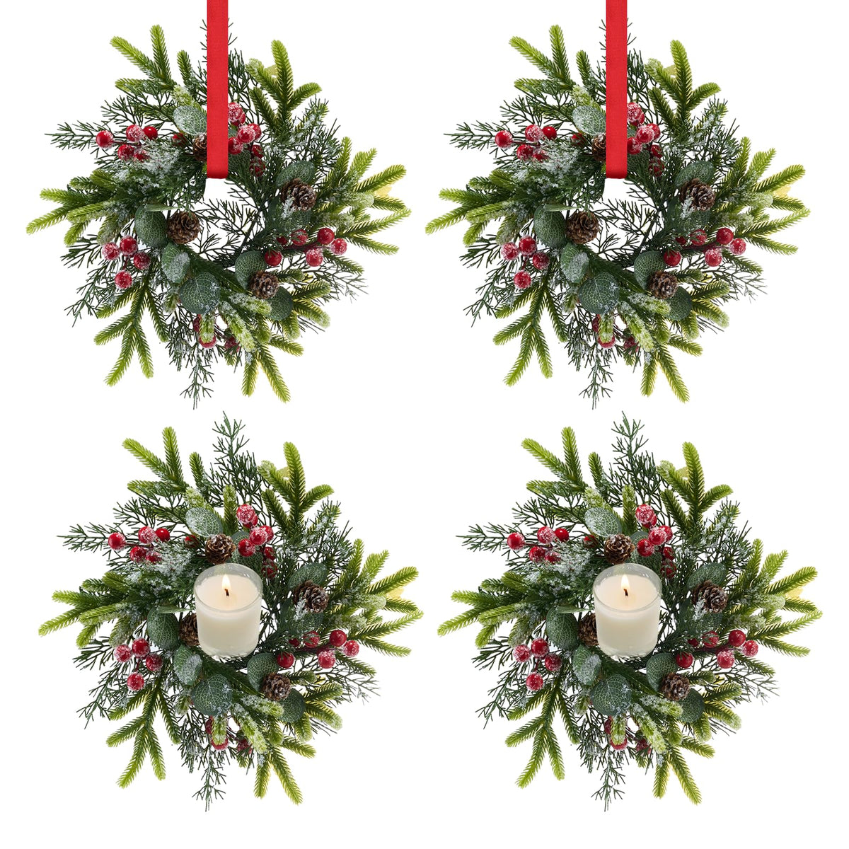 Tupetcs 9.8inch Christmas Wreath, 4Pcs Small Christmas Wreath Decorations for Home Front Door Porch Table Centerpieces Candle Rings Wall Window Cabinets Farmhouse Decorations