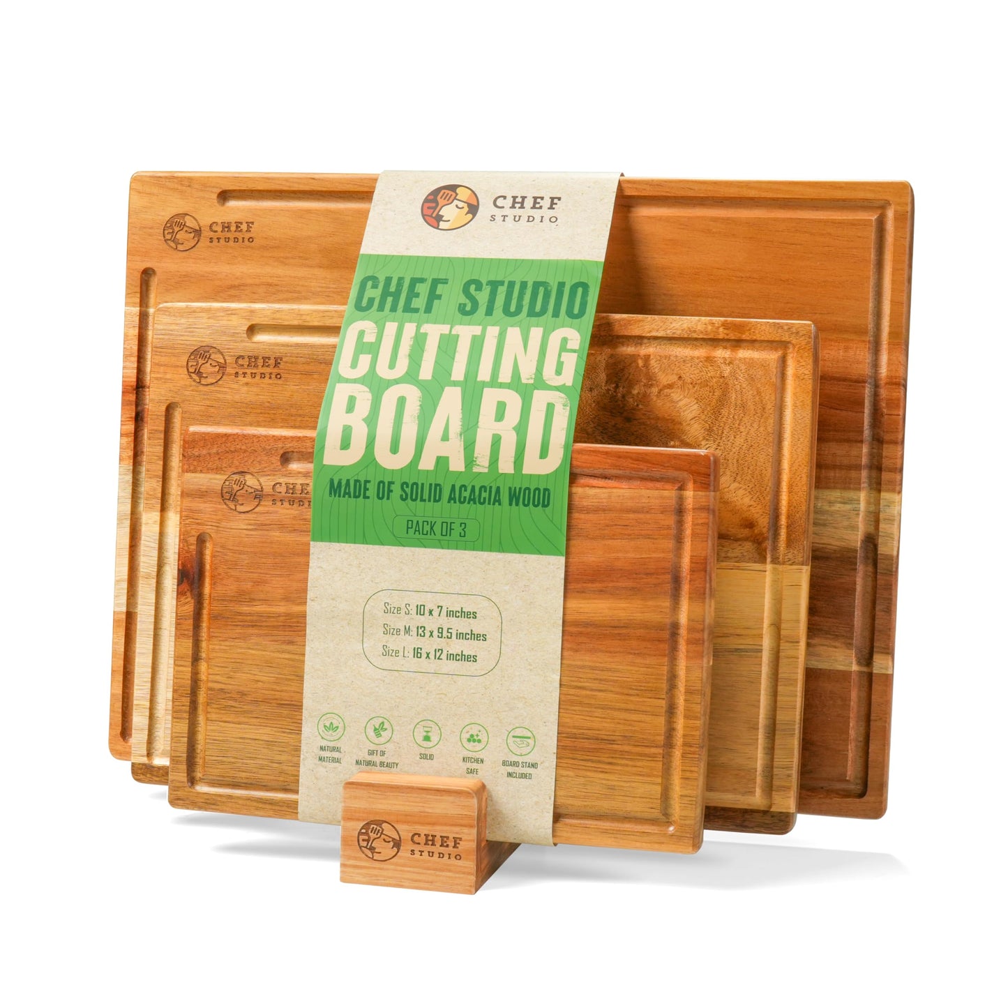 Chef Studio Acacia Wood Cutting Board (Set of 3) – Wooden Cutting Boards for Kitchen, Chopping and Serving, Non Plastic Bamboo Alternative, Hostess Gifts for Christmas, Thanksgiving, New Year
