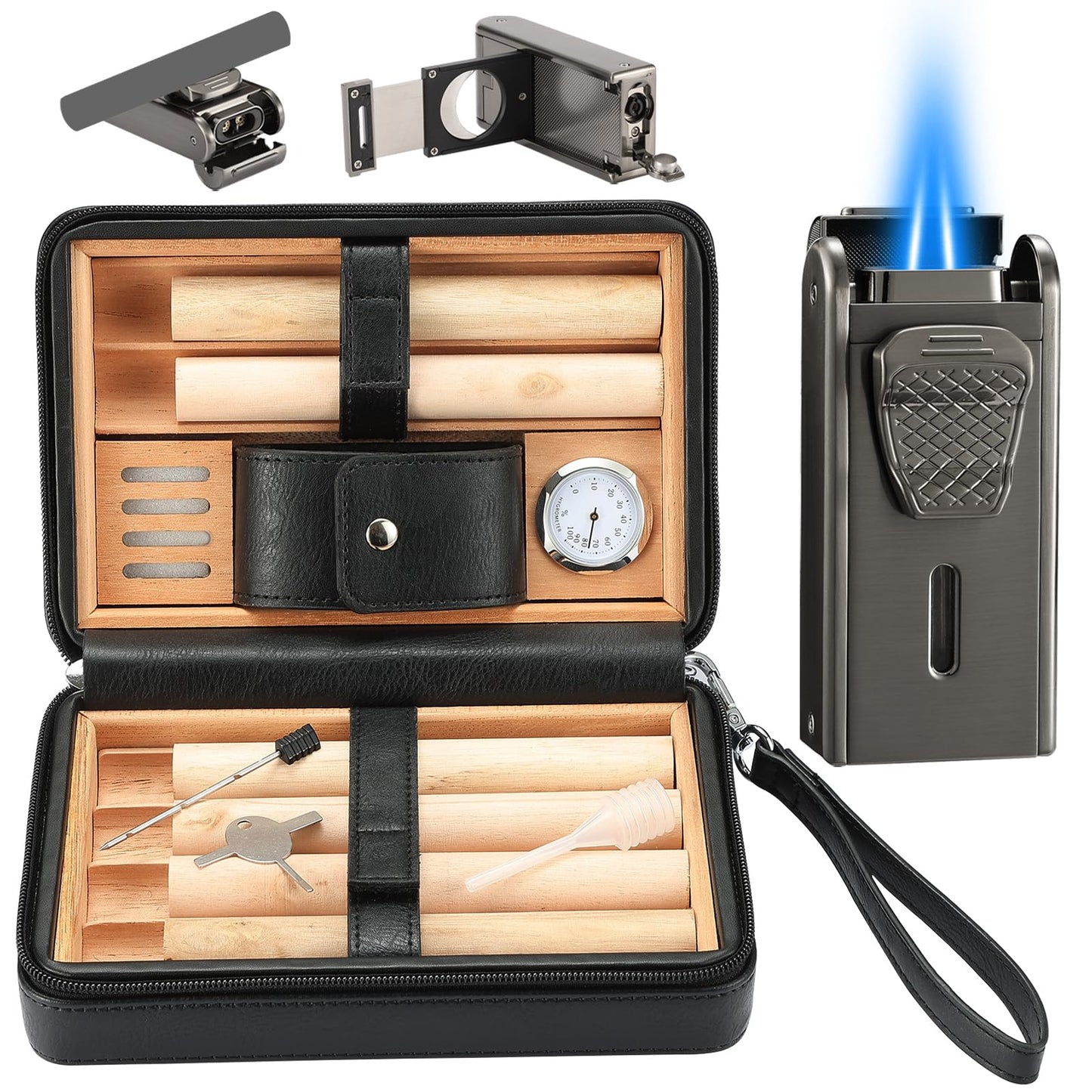 Leather Cedar Wood Case and Double Jet Flame Butane Torch Lighter Set, Holds 6 Units, Built-in Cutter, Punch and Holder Function, Draw Enhancer Tool, Travel Box with Hygrometer.