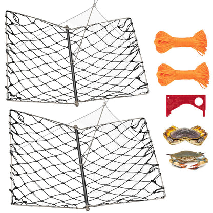 QualyQualy 2 Set Castable Crab Trap Kit, Foldable Crabbing Net with Rope & Bait Clip, Crab Snare/Pots/Traps for Blue Crabs, Dungeness, Crawfish Portable Crabbing Equipment