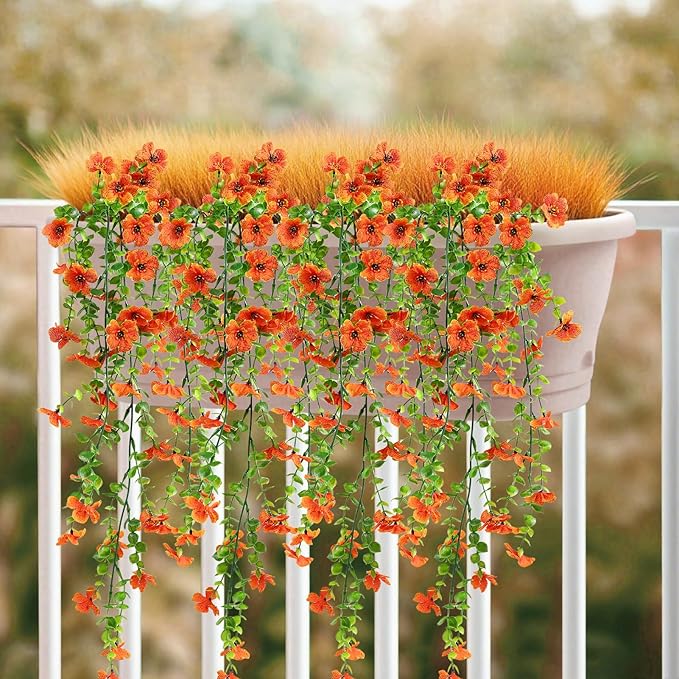Artificial Flowers for Fall Decor, Artificial Hanging Flowers for Outdoors, 4pcs Realistic Faux Daisy Baskets Fake Plants, Autumn Leaves for Thanksgiving Garden Front Porch Courtyard Patio (Orange)