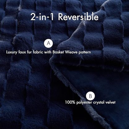 Madison Park Luxuriously Cozy Soft Long Faux Fur Basketweave Blanket, Reversible Soft & Snuggly Velvet Throw, Lightweight, Breathable, All Season, Trendy Room Décor, 50x60, Navy