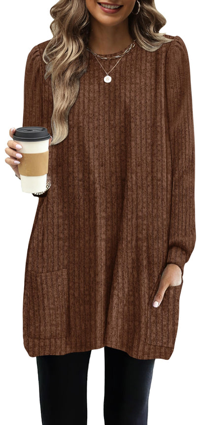 OFEEFAN Long Sleeve Shirts for Women Long Sweaters with Pockets Tunic Tops Loose Fit