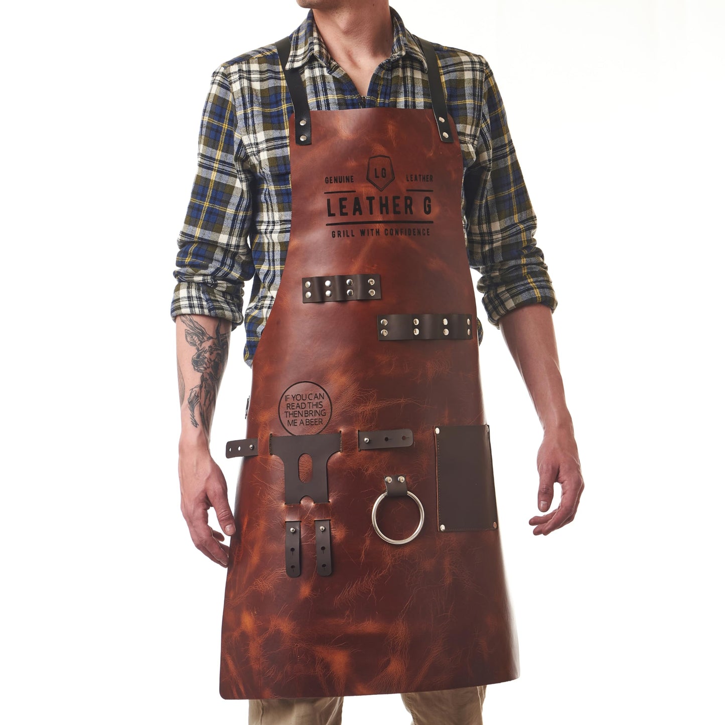 Leather G, Grill Apron with Beer Holder and Hand Towel, BBQ Pitmaster Apron – Heavy Duty, Made of Genuine Leather – Storage Pockets and Adjustable Straps for Grilling, Cooking (Brown Leather)