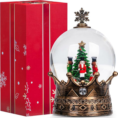 Christmas Snow Globe Lantern Water Glittering Nutcracker Crown with Music, USB Lined/Battery Operated Lighted Lantern for Christmas Festival Decoration Gifts