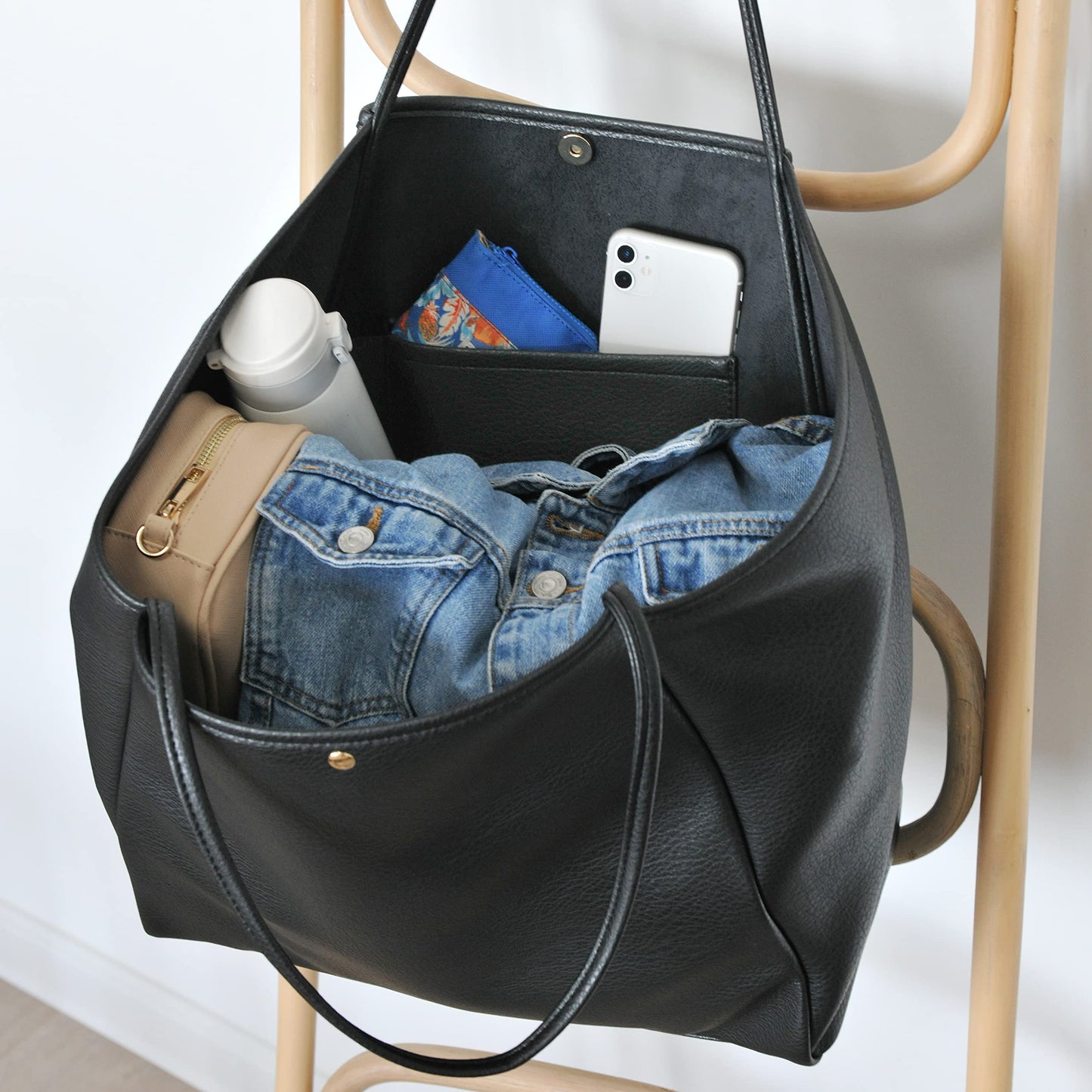 Oversize Pu Leather Tote Women Weekender Bag Shopper Handbag Travel Purse (Black)