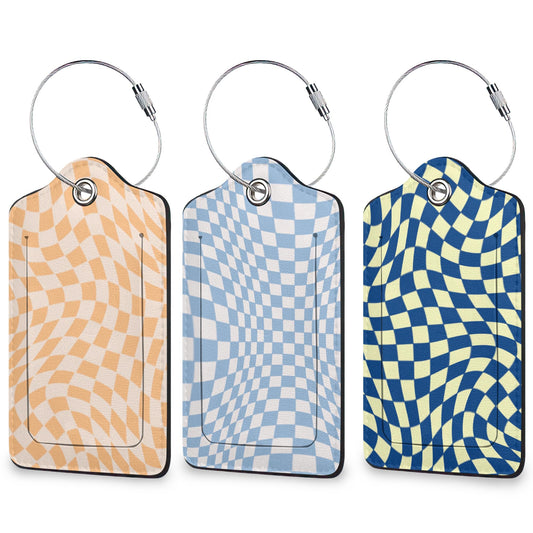 Colorful Wavy Checkered 3 Pack Luggage Tag for Suitcase, Unique Leather Travel Tags Identifiers with Privacy Name Address Labels & Durable Steel Loop for Women Men Travel