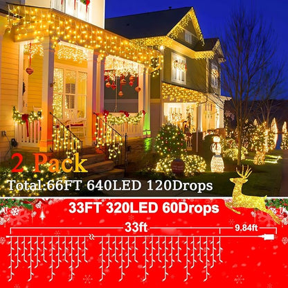 SAUIRS 2Pack 320 LED Christmas Lights Outdoor Decorations with 120 Drops Timer 8Mode 66FT Curtaing Lights Waterproof Plug in Fairy Lights for Indoor,Xmas,Party,Patio,Window,Trees Decor(Warm White)