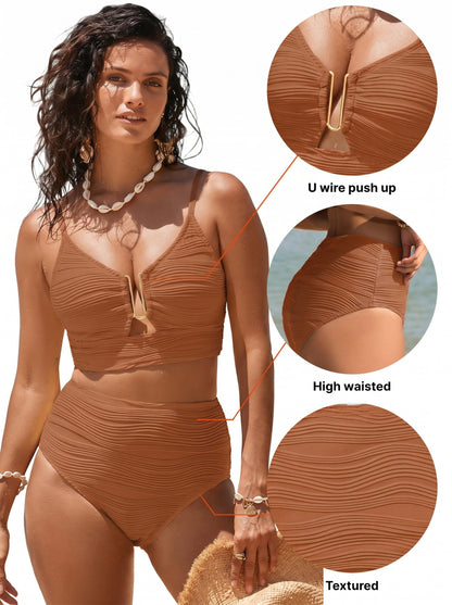 Herseas Women Popular Bikini 2 Piece 2026 Vacation Cutout Bathing Suit Push Up Supportive Swimsuit Textured V Neck Swimwear Elegant Cruise Outfits Caramel XX-Large