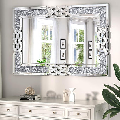 ENENE Crystal Crush Diamond Wall Mirror 39.5''x 27.5'' Rectangle Silver Mirrors for Wall Decorative Large Wall Mirrors for Bathroom Living Room Bedroom Entryway