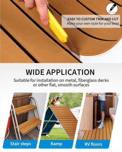 OCEANBROAD Self-Adhesive 48''x16.8'' Boat Flooring with 3M Adhesive Backing EVA Foam Boat Decking Faux Teak Marine Non-Slip Sheet for Jon Motor Boats Yacht Helm Pad Floor, Brown with Black Seam Lines