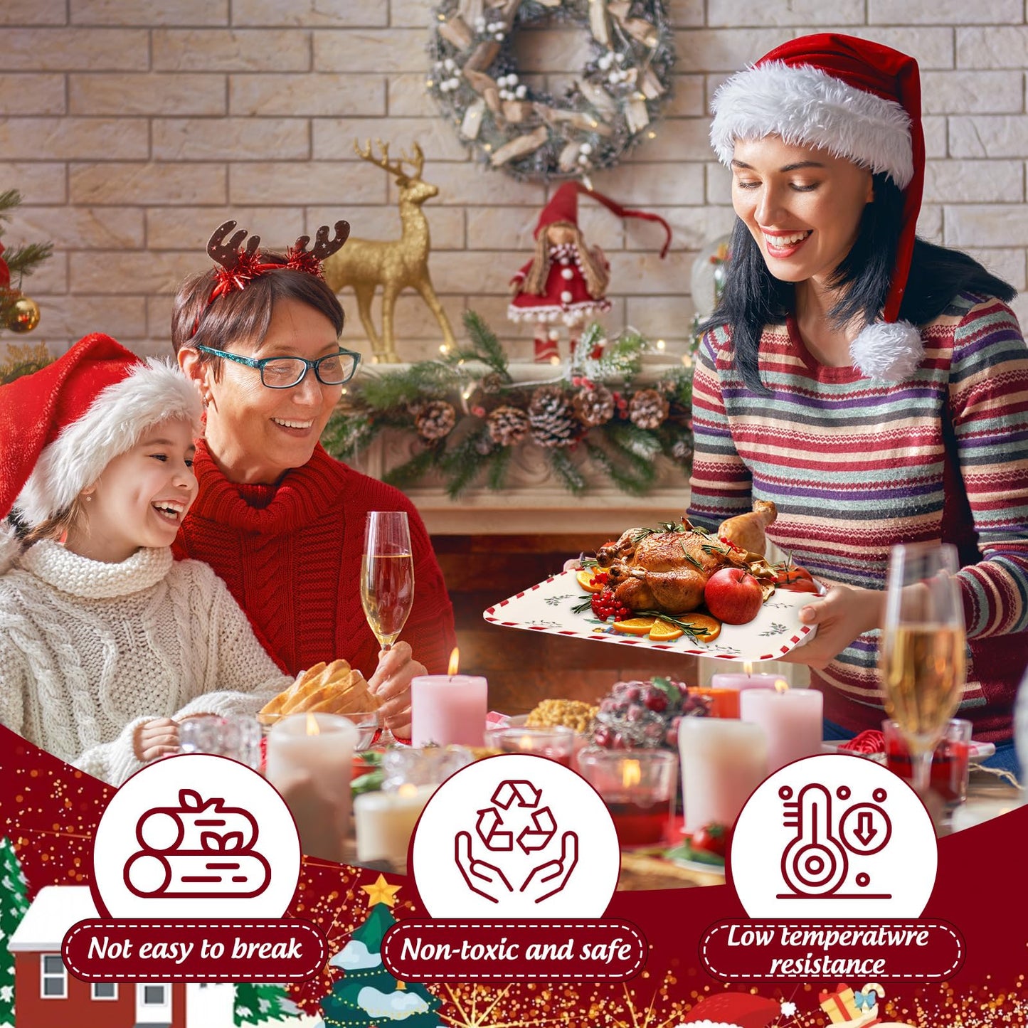 Whaline 3 Pcs Christmas Serving Trays Xmas Tree Plastic Serving Platters Dishes for Holiday Party Breakfast Lunch Dinner Food Snack Supplies, 10 x 13 Inch