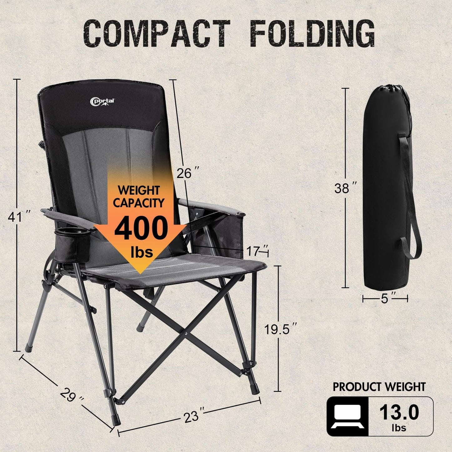 PORTAL Camping Chair with Lumbar Support for Adults Folding Portable High Back Oversized, 400LBS