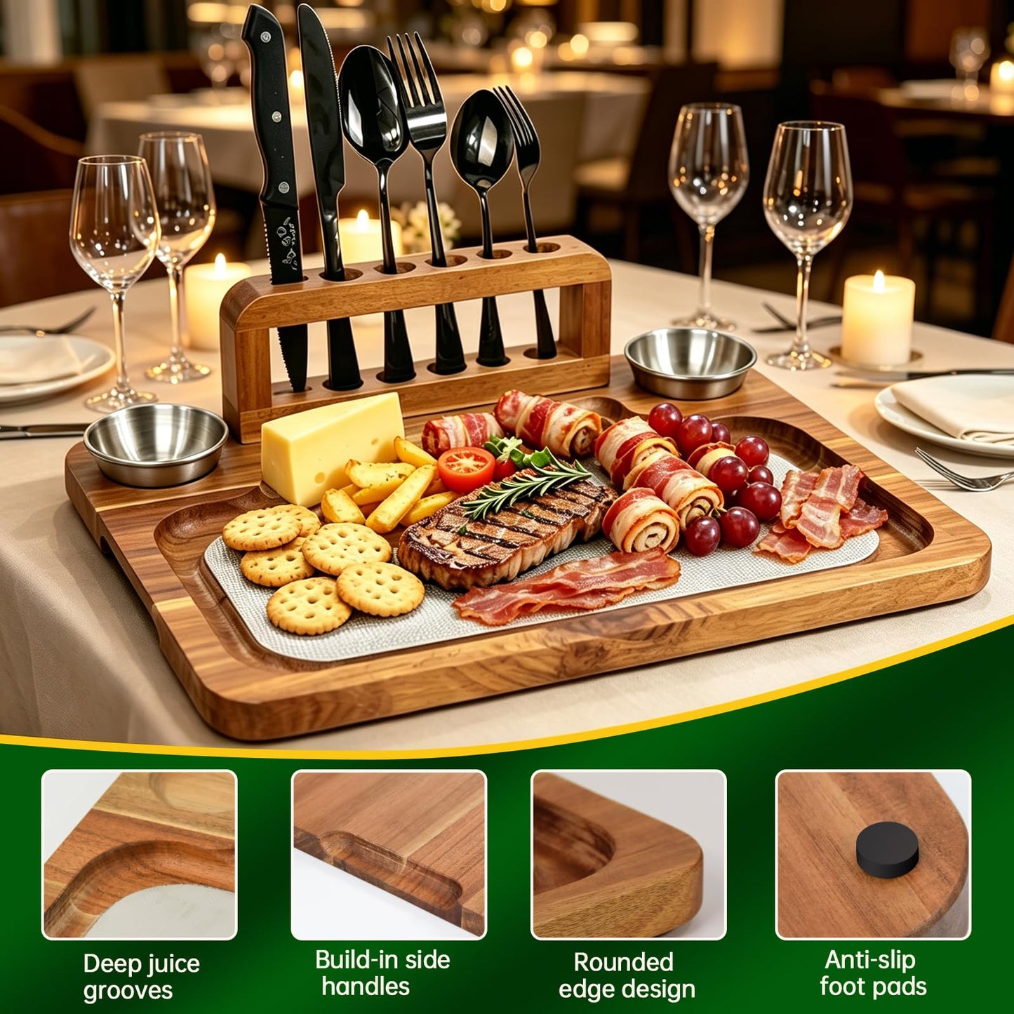 Acacia Wood Steak Board Set,16.5" Magnetic Charcuterie Board with Stainless Steel Scratch-Proof Cutting Surface Wooden Serving Platter with Cutlery & Sauce Cup for BBQ Dinner Party Housewarming Gift