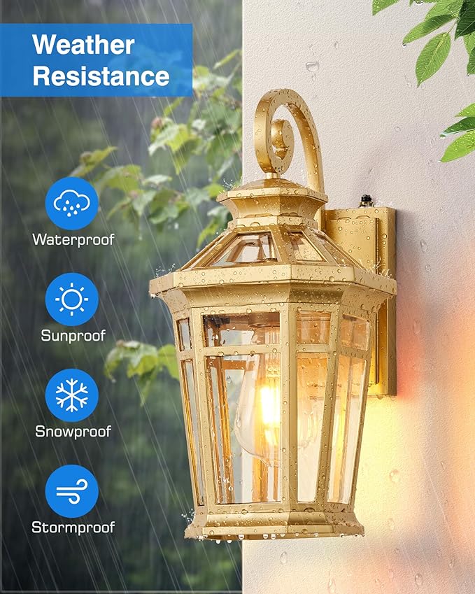 Porch Lights Outdoor, Dusk to Dawn Exterior Lighting Fixtures, Gold Wall Lanterns Wall Mount, Waterproof Anti-Rust Outdoor Sconce Lights for Garage, Patio Wall Light Fixture with Beveled Glass