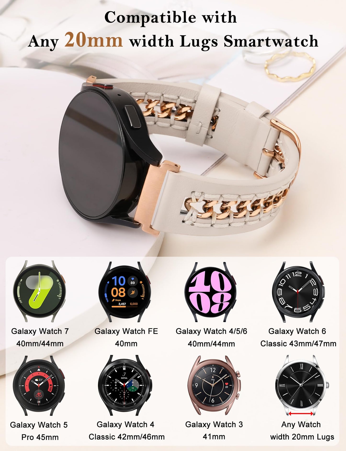 Minyee Leather Band Compatible with Samsung Galaxy Watch 7/6/5/4/FE/Active 2 40mm 44mm/Watch 6 Classic 43mm 47mm/Watch 5 Pro 45mm Bands, 20mm Dressy Leather Strap with Metal Chain, Starlight/Rose Gold
