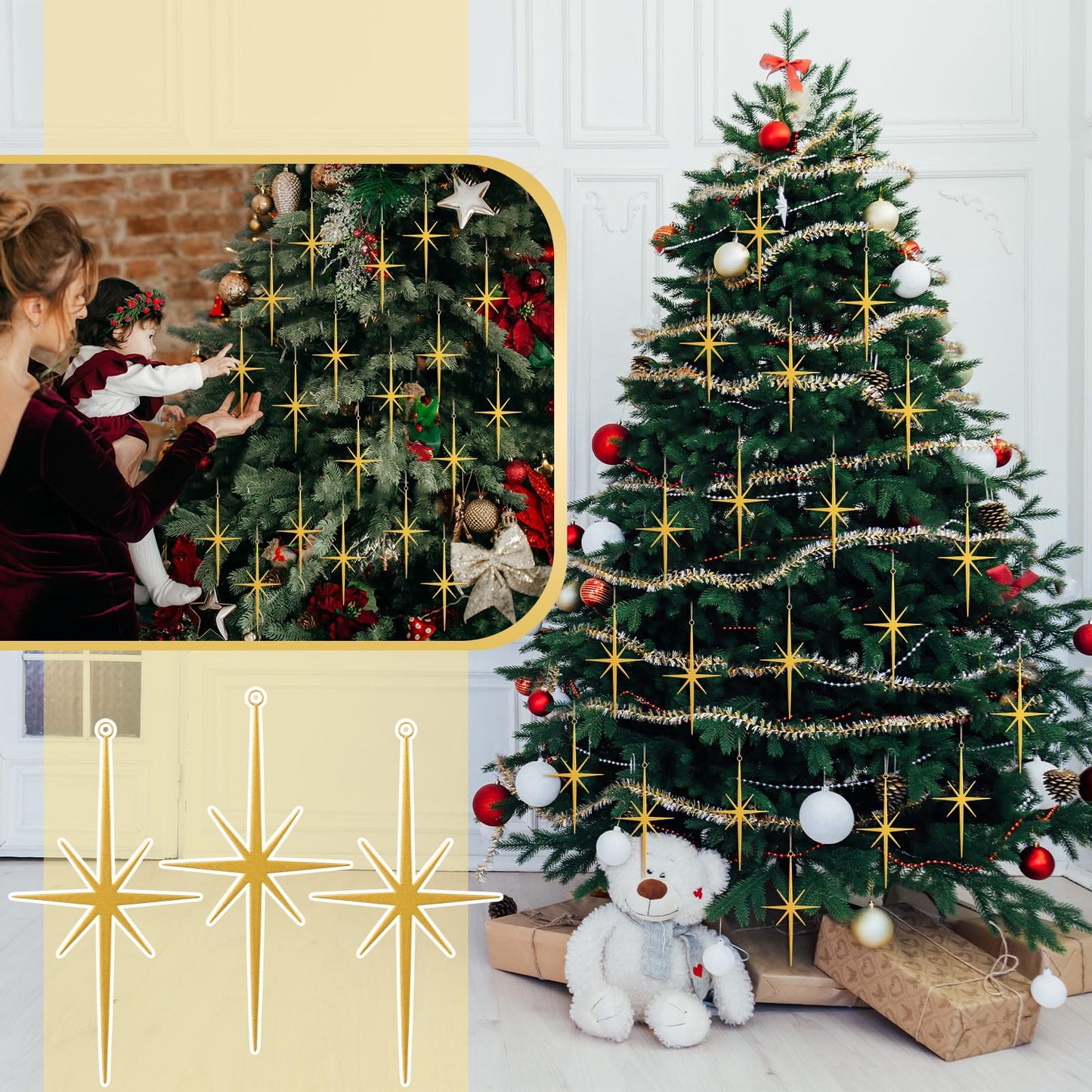 MorningRo 20 Pcs Gold Glitter Star Ornament for Tree Glitter Metal Nativity Star of Bethlehem Ornaments Golden Cast Iron 3.15inch Religious Nativity Scene Hanging Gift for Party Decor