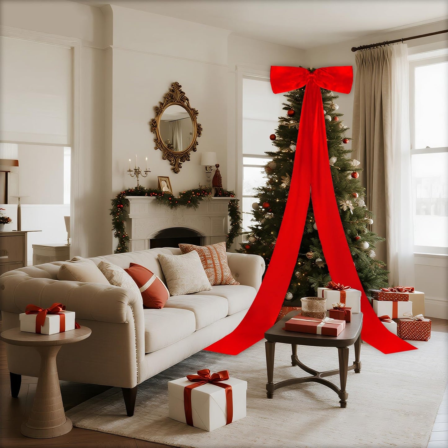 Giant Christmas Tree Bow Topper Big Bow for Christmas Tree Decorations 18X118In Tree Toppers Bows Big Red Bows for Wedding Birthday Party Wall Backdrop (Red)
