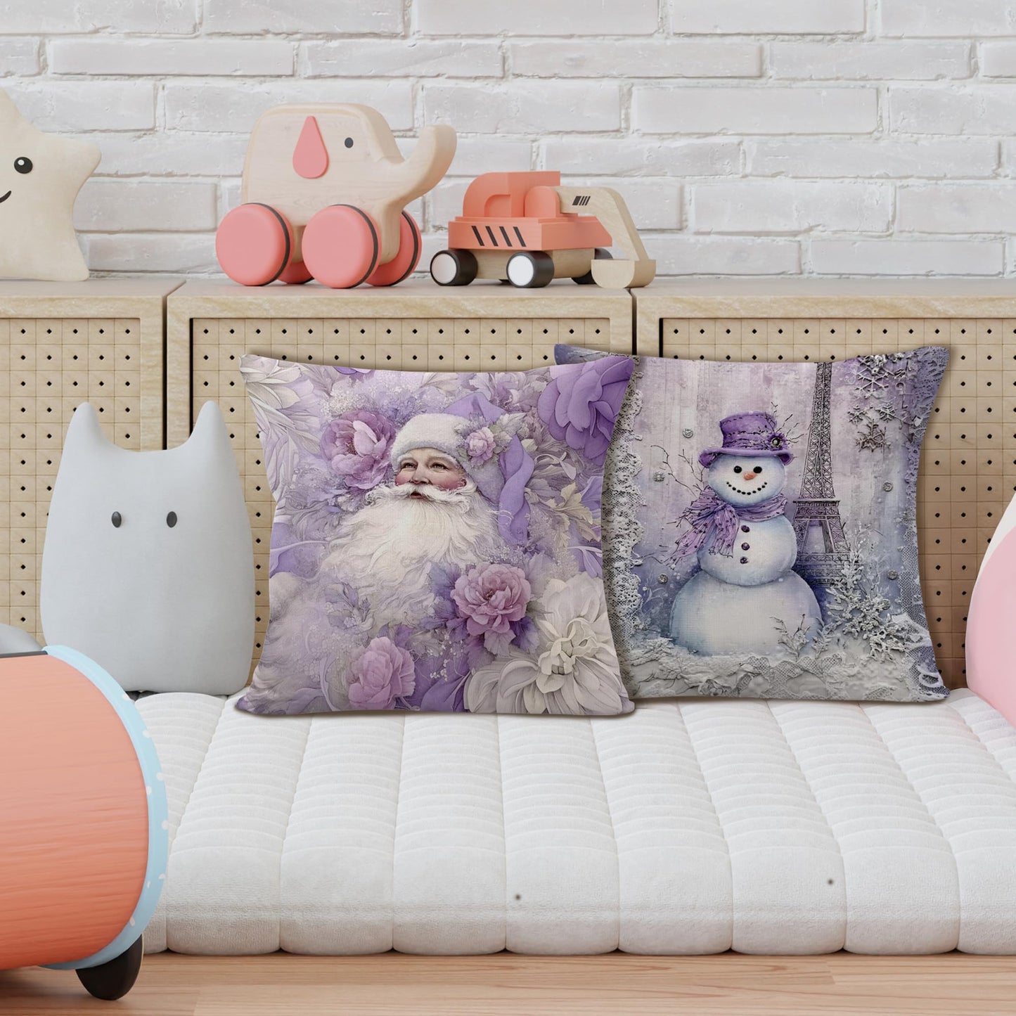 Yorhifa Purple Christmas Pillow Covers 18x18 Inches Set of 4, Christmas Home Decor, Preppy Xmas Santa Snowman Decorative Pillowcase Cases, Winter Throw Pillow Covers for Couch Sofa Bed Home Room Decor