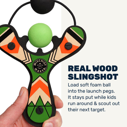 Mighty Fun! Mischief Maker® Wooden Slingshot for Kids with Soft Foam Balls (Green)