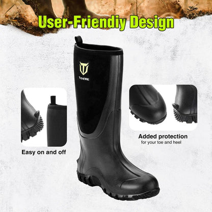 TIDEWE Rubber Boots for Men Multi-Season, Waterproof Rain Boots with Steel Shank, 6mm Neoprene Sturdy Rubber Outdoor Hunting Boots Size 9 (Black)