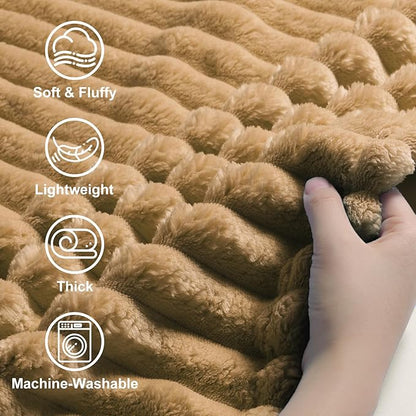 decorUhome Soft Fleece Brown Throw Blanket for Couch, Cozy Fluffy Plush Flannel Striped Blanket for Sofa Bed, Lightweight Decorative Ribbed Fuzzy Blanket for Woman, 50x60 Inches