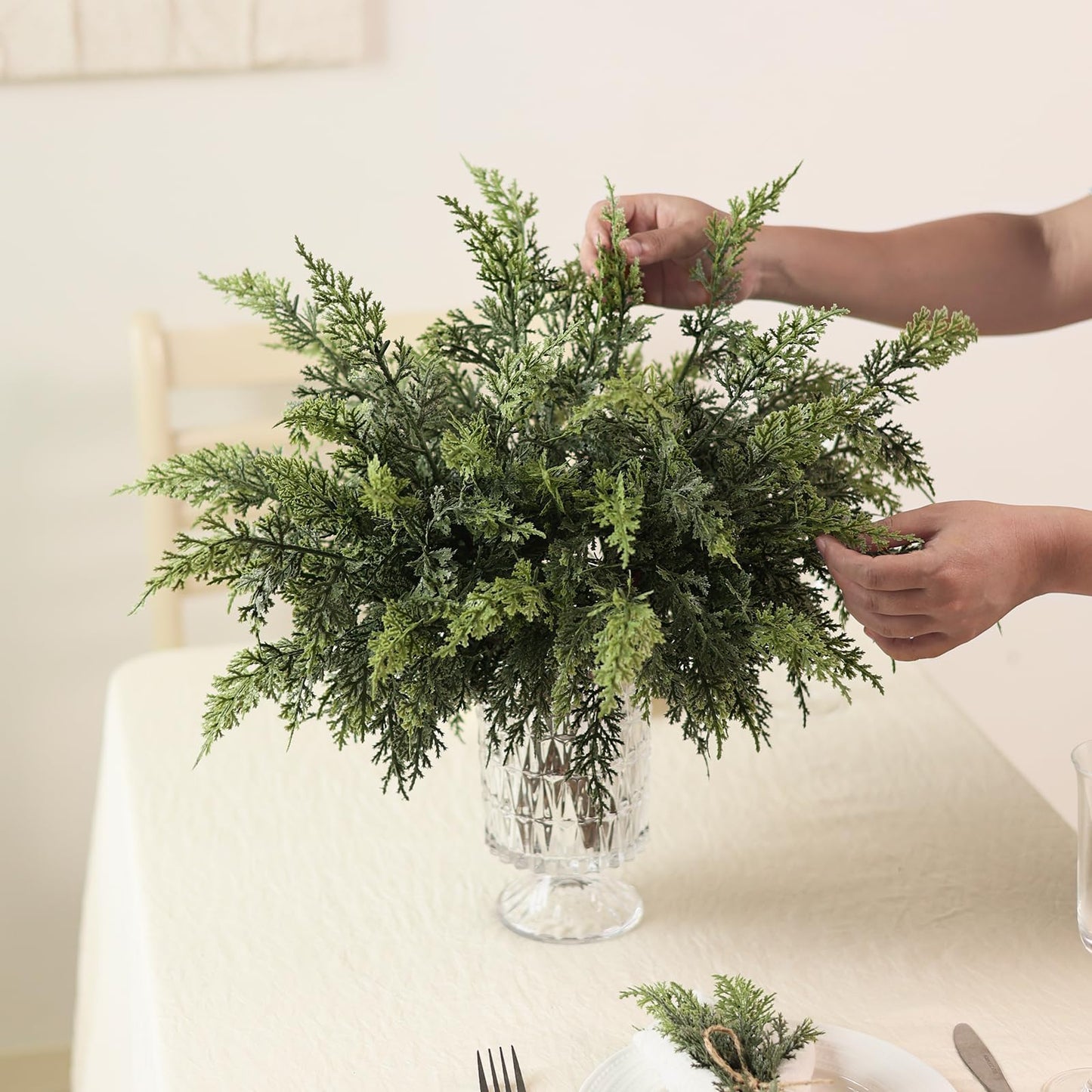 Juxdp Soft Textured Christmas Cedar Branches-18 Inches, Artificial Cedar Branch Faux Greenery Plants Stem Fake Pine Picks for Vase DIY Crafts Garland Wreath Xmas Indoor Outdoor Decor (12 Pcs)