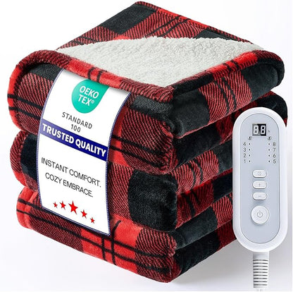 Heated Blanket Electric Throw, Heating Throw with 8 Fast Heating Levels/8 Hours Auto Off, Red Black Plaid Checkered Sherpa Blanket Warmer for Adults, Washable Blanket Gift for Couch Bed (50x60 inches)