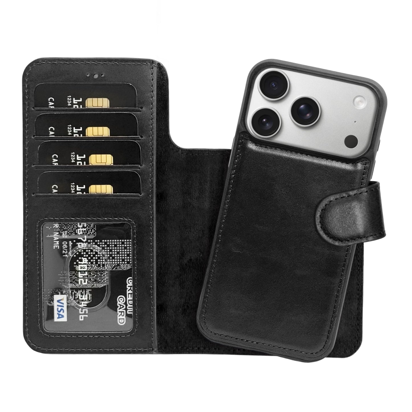 HARDISTON Genuine Leather Handmade Wallet Case Compatible with iPhone 17 Pro - MagSafe Compatible - Detachable Magnetic Flip Cover with Card Holders - Horizontal Kickstand (Black)