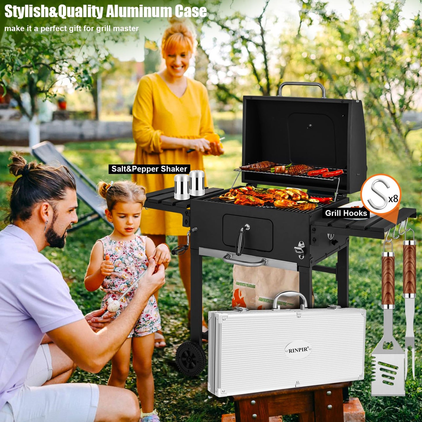 RINPIR 35pcs Deluxe Grilling Gifts Set for Birthday Fathers Day, Stainless Steel BBQ Accessories Kit for Men Dad, Professional Grill Tools Utensils with Scissors, Meat Claws in Aluminum Case Brown