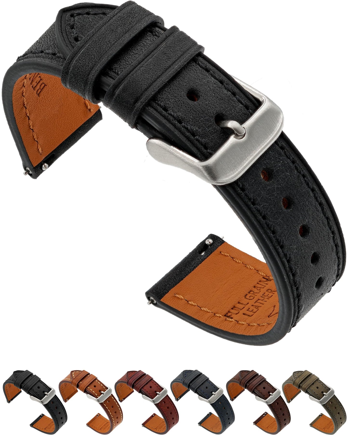 Benchmark Quick Release Leather Watch Band - Premium Italian Full Grain Leather Watch Straps for Men & Women (18mm, Black)