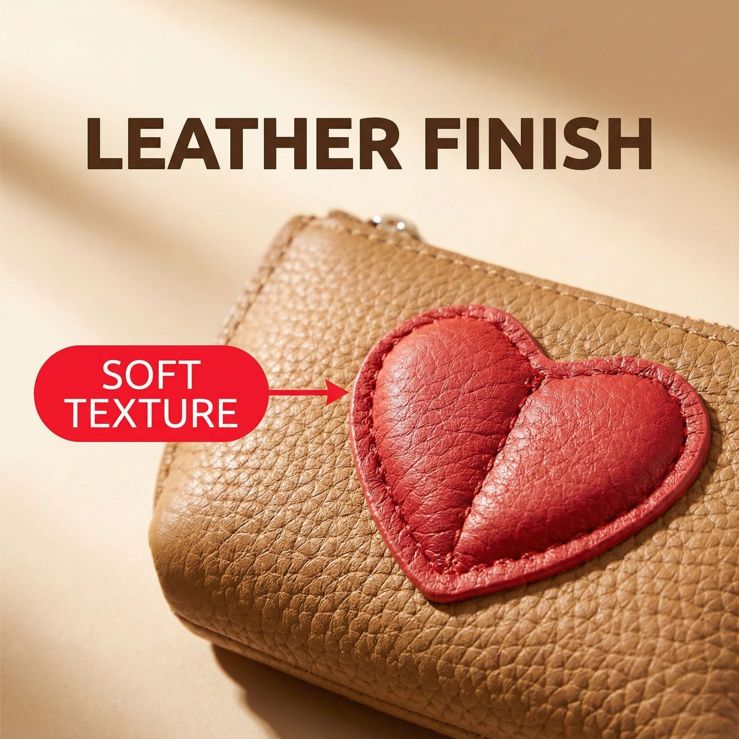 Red Heart Design Small Coin Purse - Cute Compact Keychain Change Purse Soft Leather Wallet with Zipper for Women (Brown)